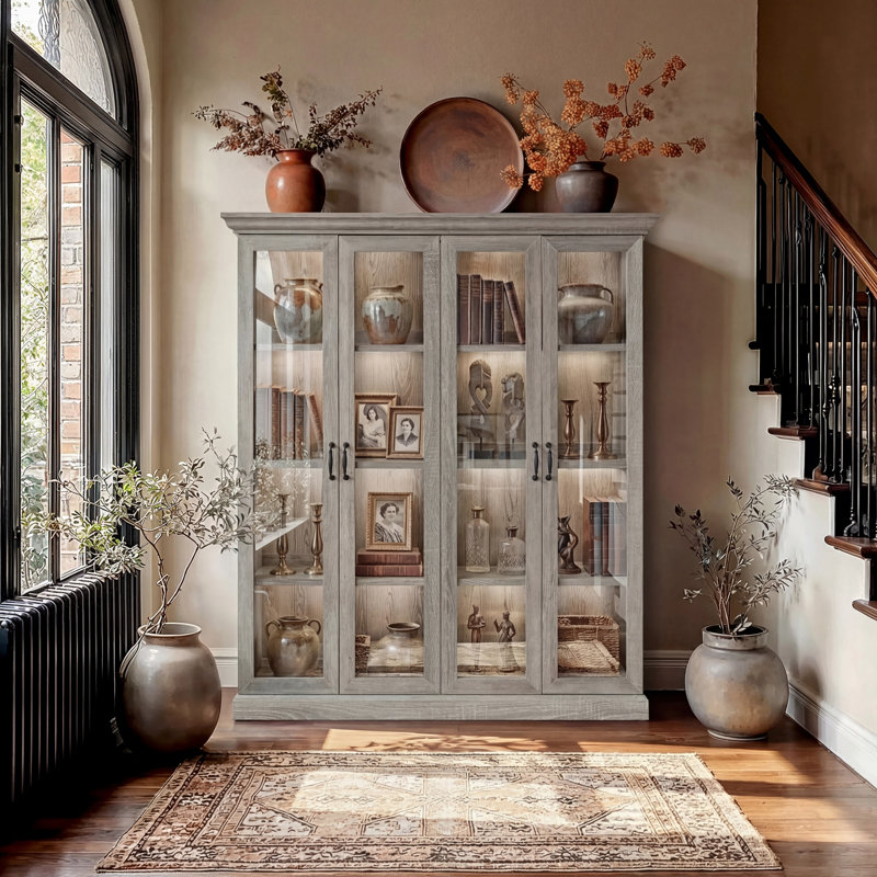 69.1"H China Cabinet With 4 Glass Doors & LED Lighting