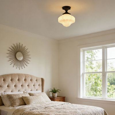 Schoolhouse Style Matte Black Flush Mount Ceiling Light with Glass Shade, E26 Base