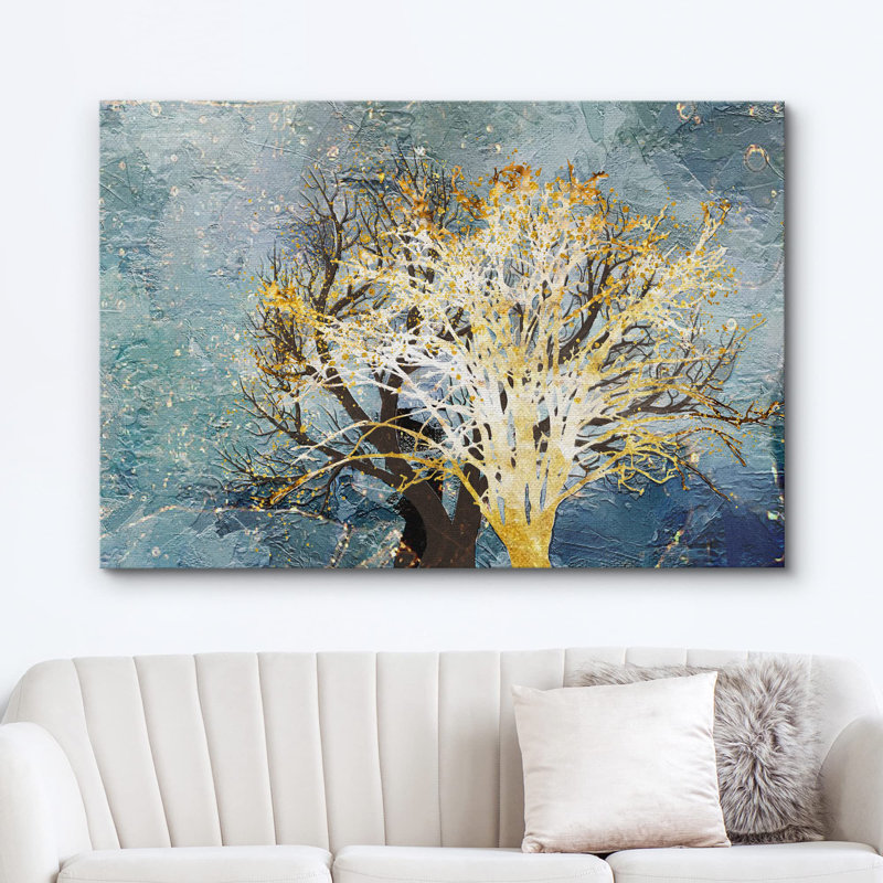 Aquarelle, pastel doré, forêt, arbre, nature sauvage, illustrations, art, décor rustique, Toile tendue, H 12 po x l 18 po