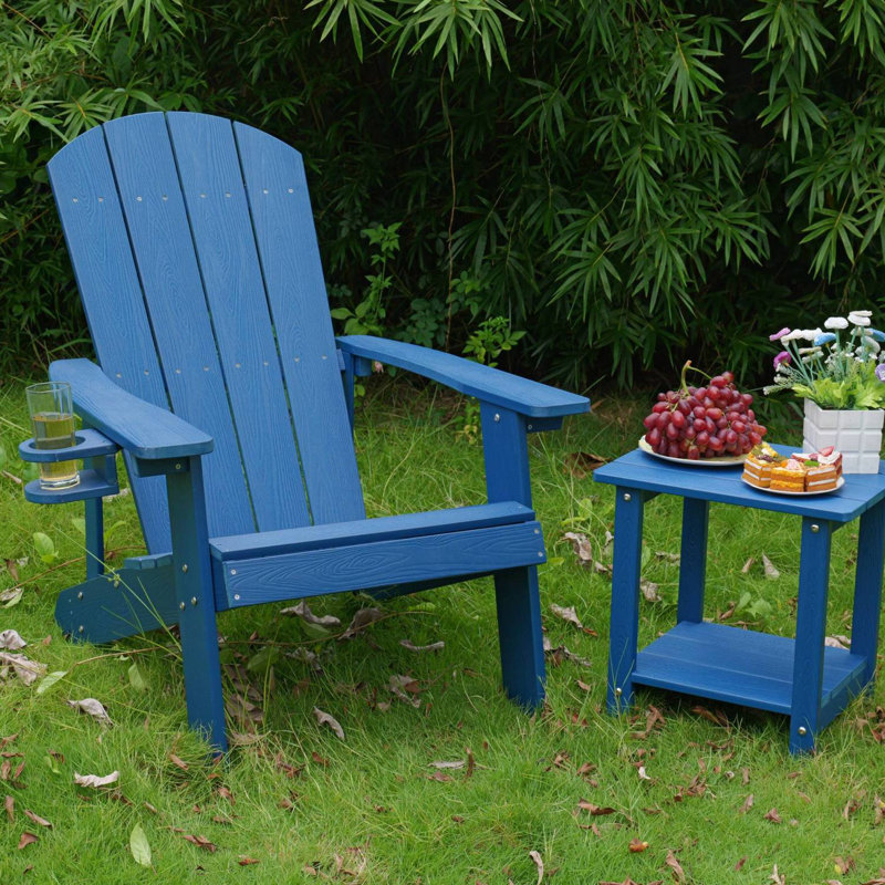 Durable All-Weather Outdoor Lounge Chair with Built-In Cup Holder, Navy Blue
