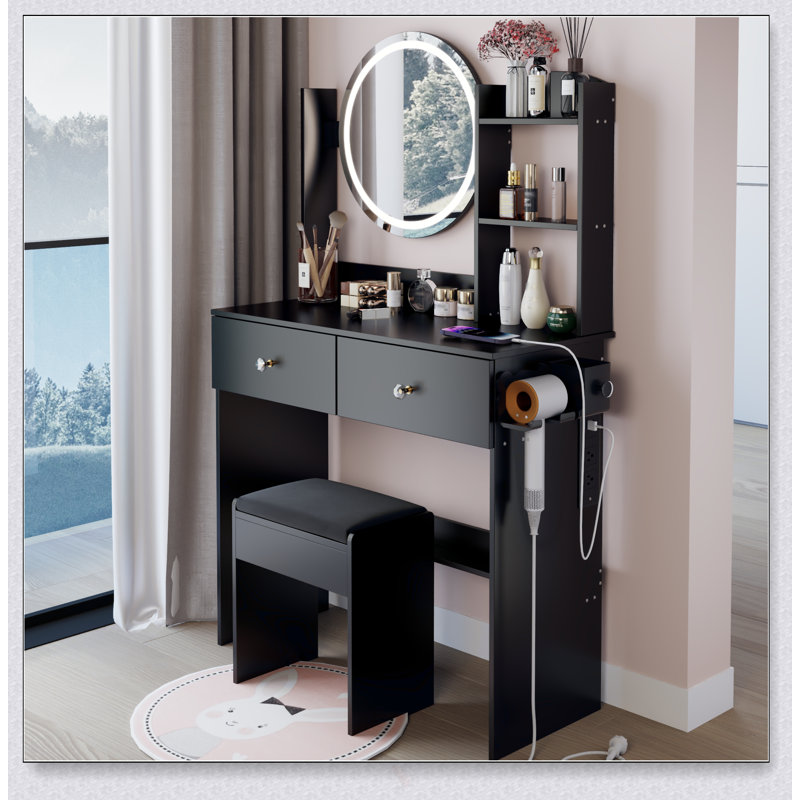 Table de meuble-lavabo à miroir rond de 17 pouces avec tabouret rembourré à DEL, 2 prises CA + 2 prises USB, luminosité réglable, grand bureau, rangement multicouche
