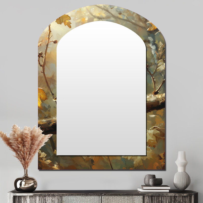 Cute Bird Sparrow On A Fallen Branch - Bird Asymmetrical Decorative Wall Mirror, Modern Arch Mirror, Printed Metal Art