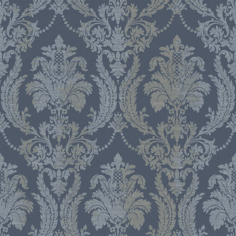 Italian Style Classic Floral Damask Wallpaper Roll, Blue