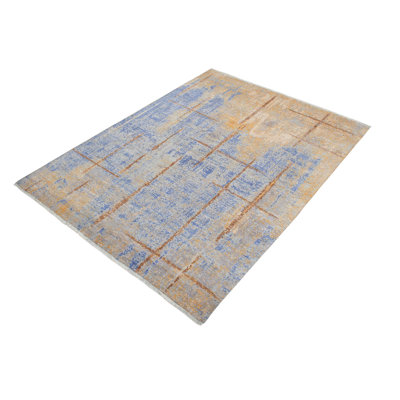 Tapis brun / bleu abstrait en soie noué à la main 7 pi 10 po x 9 pi 9 po Abstract