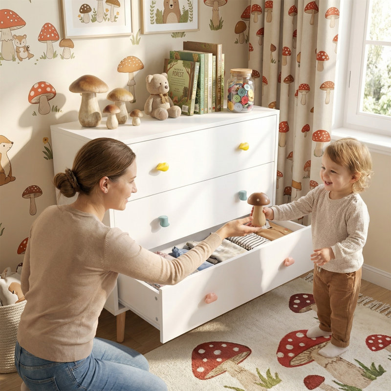 Commode à 3 tiroirs en bois massif avec sécurité anti-basculement, commode pour chambre d'enfant avec glissières européennes lisses, armoire de rangement polyvalente pour la chambre à coucher et le salon