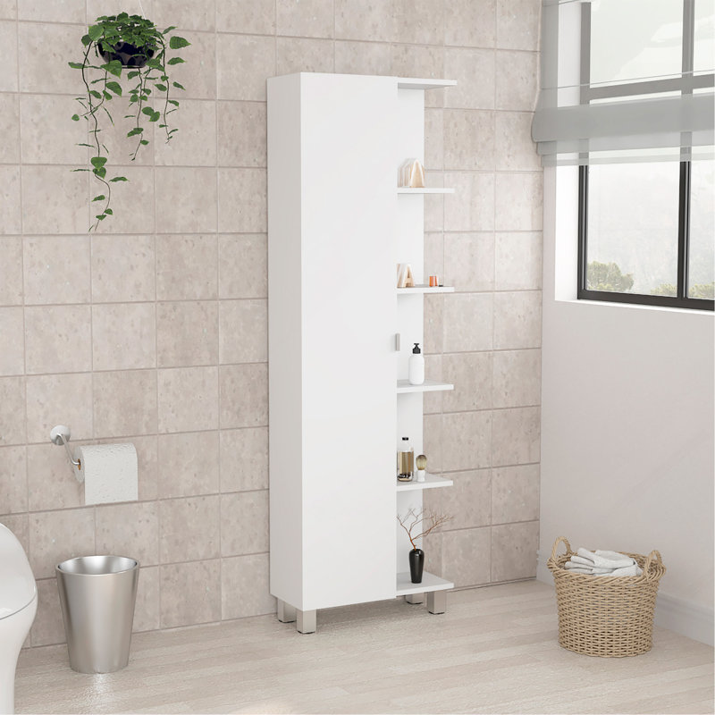 Corner Linen Cabinet, Five External Shelves, Single Door, Four Interior Shelves -White, White