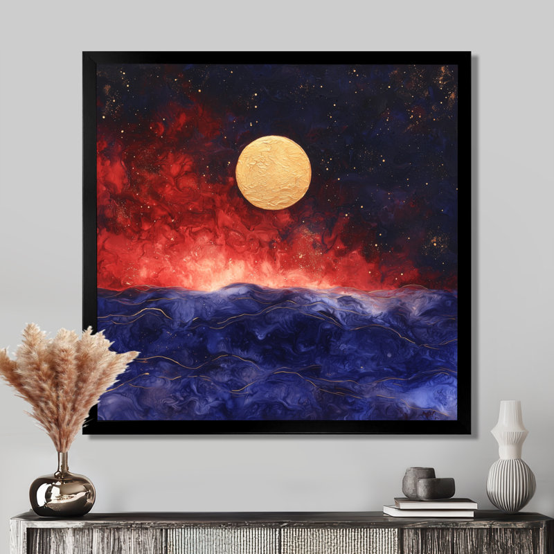 Lueur dorée de la pleine lune - impression murale lune, Reproduction encadrée d'une seule photo sans pass, Black