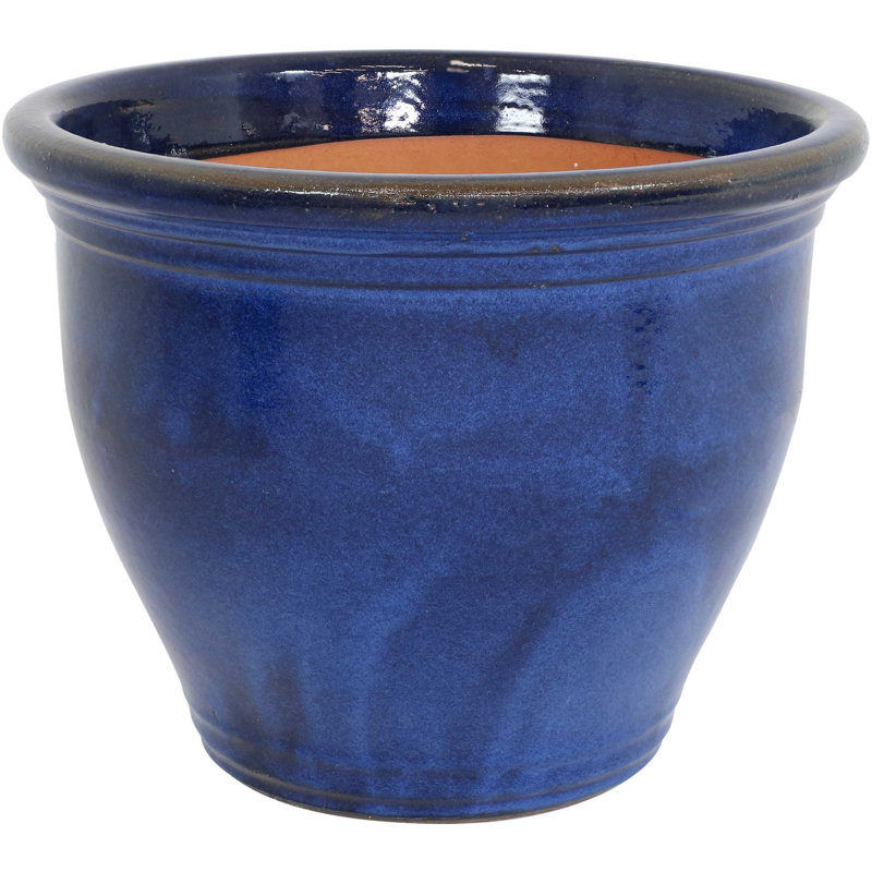 Berlina Round Imperial Ceramic Outdoor Planter, Blue, 15" H x 18.5" W x 18.5" D