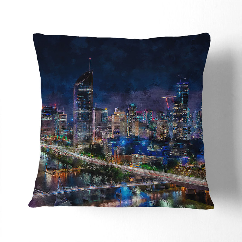 Brisbane City Skyline Australia Cushion with Filling, 40cm H x 40cm W x 15cm D, White