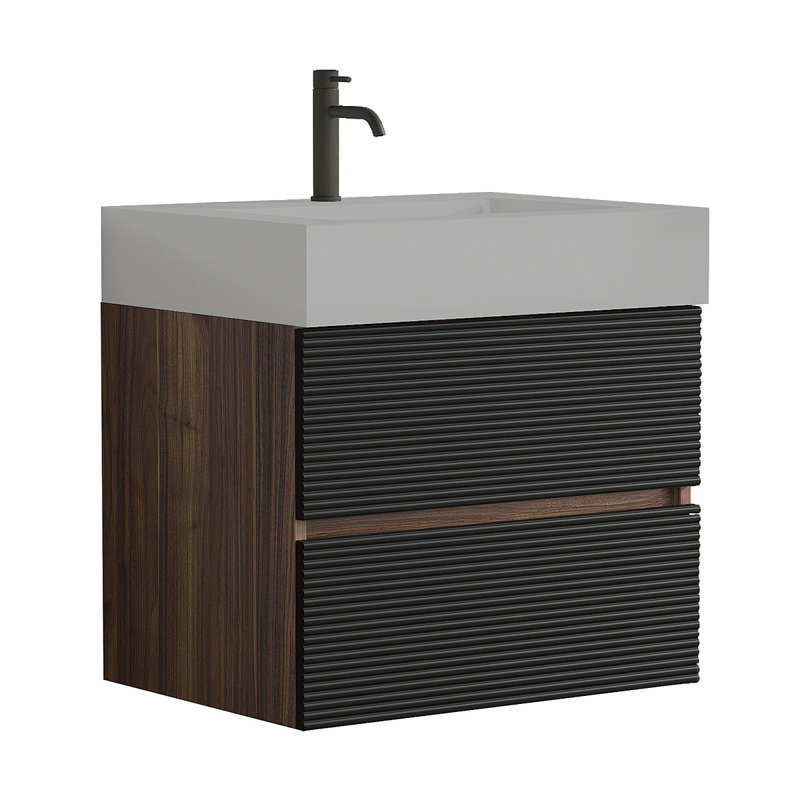 Meuble-lavabo 24 po avec lavabo à quartz d'ingénierie et tiroirs noirs doux, meuble-lavabo mural flottant pour salle de bain moderne, lavabo une pièce, KD