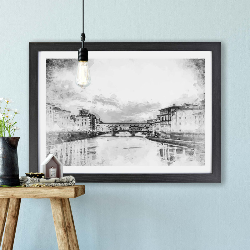 Ponte Vecchio Bridge in Florence Italy - Framed Print, 62cm H x 87cm W x 2cm D, Black