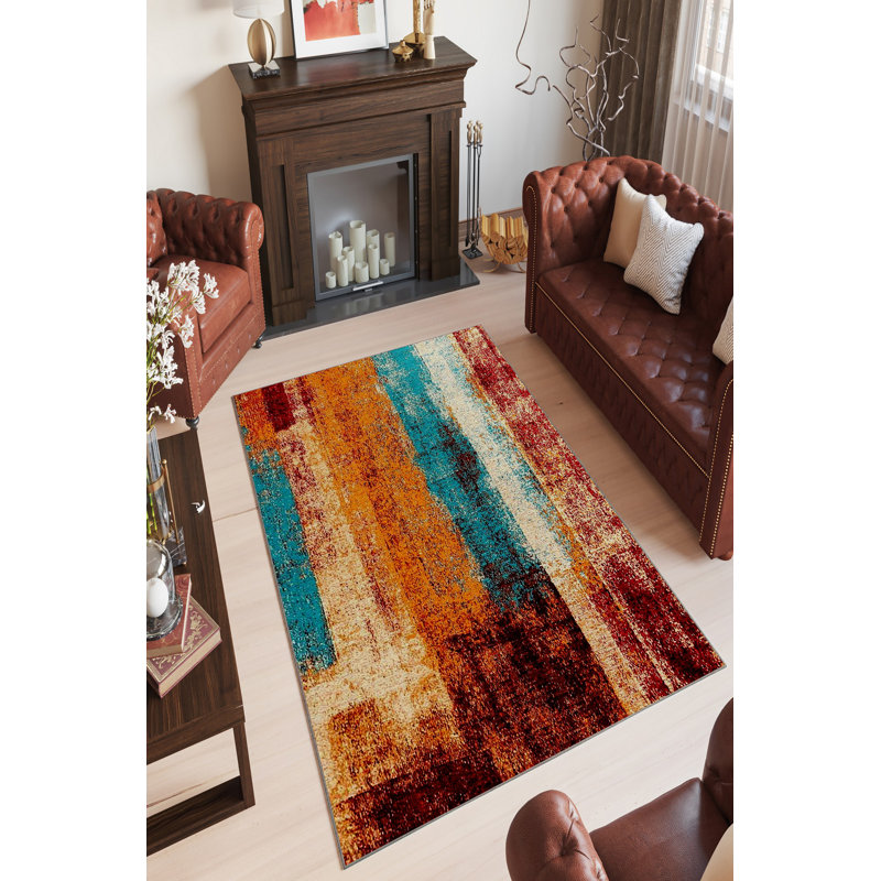 Rectangle Hall Abstract Machine Braided Polyester Area Rug in Blue/Orange/Red, Rectangle 2' x 3'3"