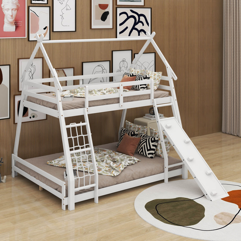 Twin Over Queen House Bunk Bed With Nets And Ramp, White