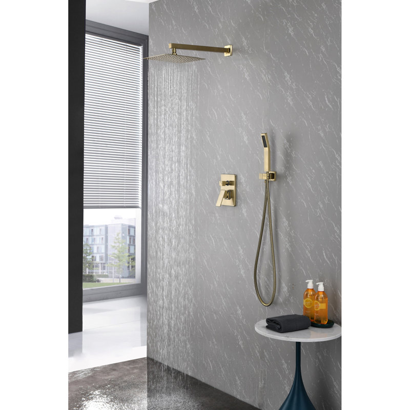 Système de douche en or brossé: pomme de pluie et douchette de 10 po à fixation au mur. Robinet double de salle de bain mural. Robinet de salle de bain avec valve et garniture. Buse autonettoyante. Conforme au tuyau standard américain. Processus d'installation facile