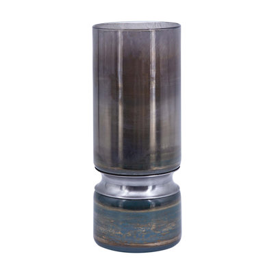 Sleek Smokey Blue Glass Vase With Chrome Accent, Featuring Hourglass Silhouette And Contemporary Display Functionality.