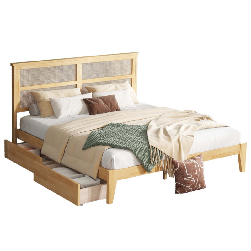 King Size Bed With Rattan Headboard and Two Storage Drawers, Bed with Enhanced Support Slats and Feet