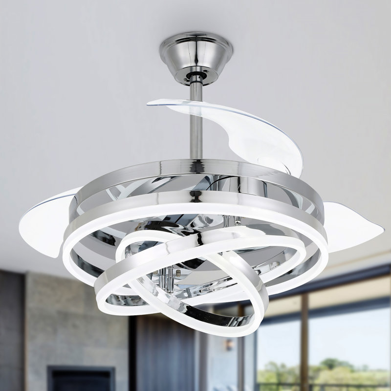 Heighton 36'' Retractable LED Ceiling Fan with Remote and Light Kit DC Motor 6 Speeds, Chrome