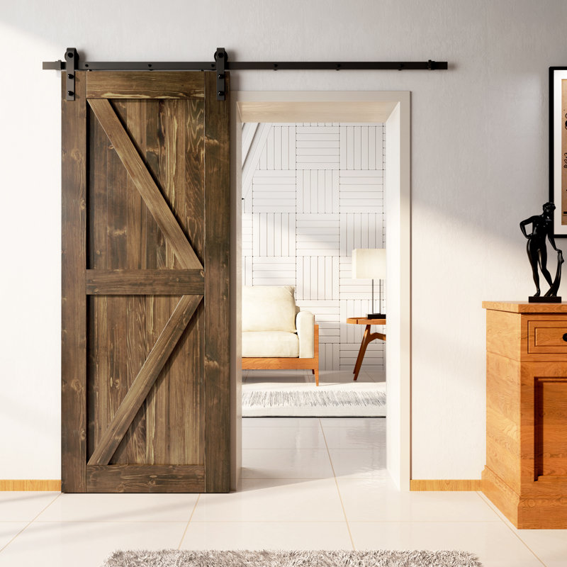 Arrow Design Colour Solid Pine Wood Unassembled Door with Black Rustic Installation Hardware Kit, 32" x 84", Dark Walnut