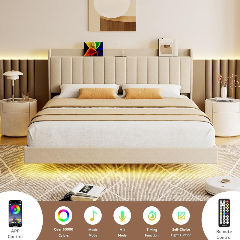 Floating Bed Frame With LED Lights, Charging Station & Storage Headboard, Full, Cream