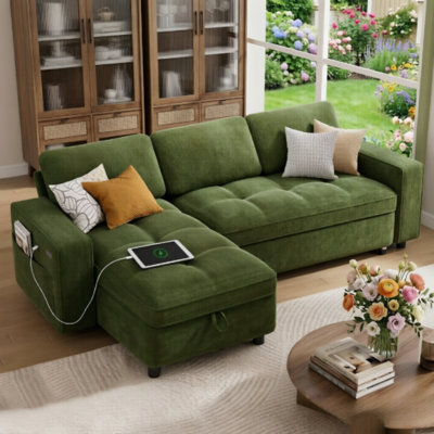 81" L-Shaped Sectional Sleeper Sofa Bed with Storage Chaise – 3-in-1 Convertible Pull Out Couch, 5-Level Reclining Backrest, USB & Type-C Charging Ports