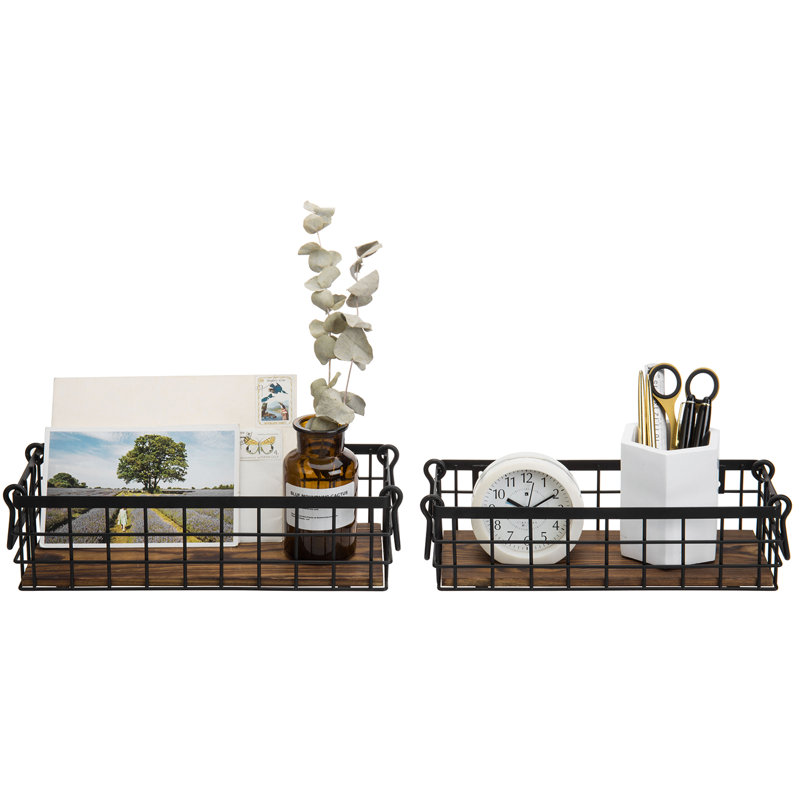 Rustic Black Metal Wire and Burnt Wood Rectangular Storage Baskets, Set of 2