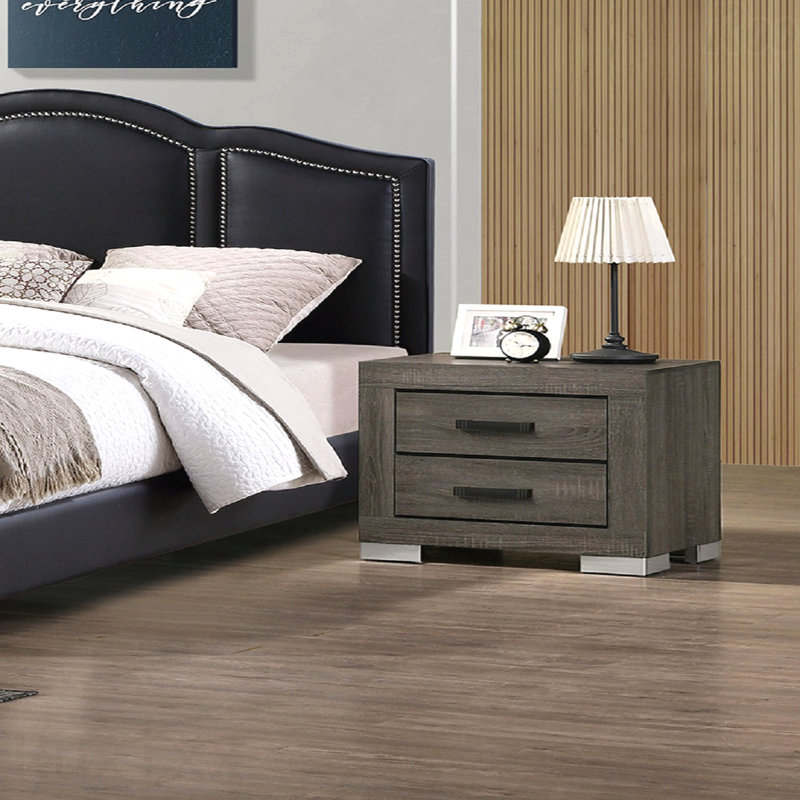 Table de chevet 2 tiroirs en bois avec poignées noires, Gris