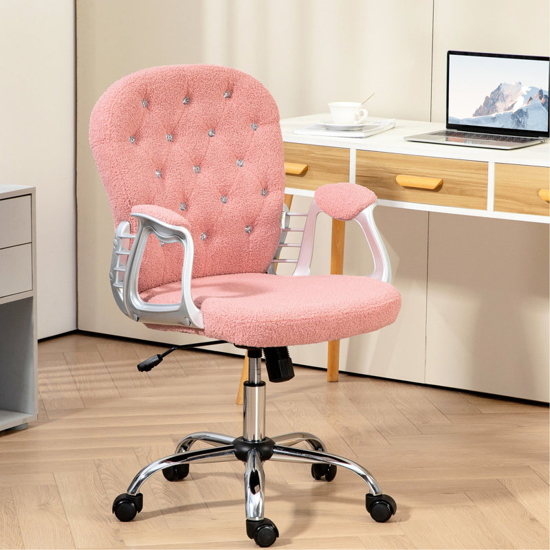 Chaise de bureau rose en molleton avec boutons, hauteur de siège réglable et pivotement à 360 °, coussin de détente rembourré et inclinable, assise confortable