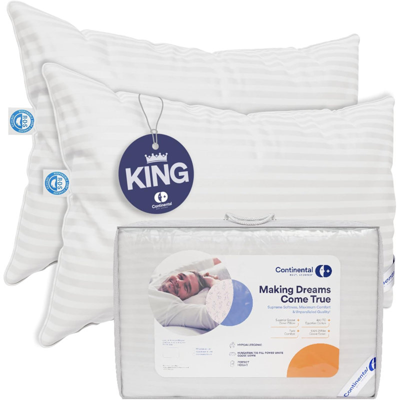 Continental Bedding Luxury 700 Fill Power Down Bed Pillows 2 Pack, Queen, Medium