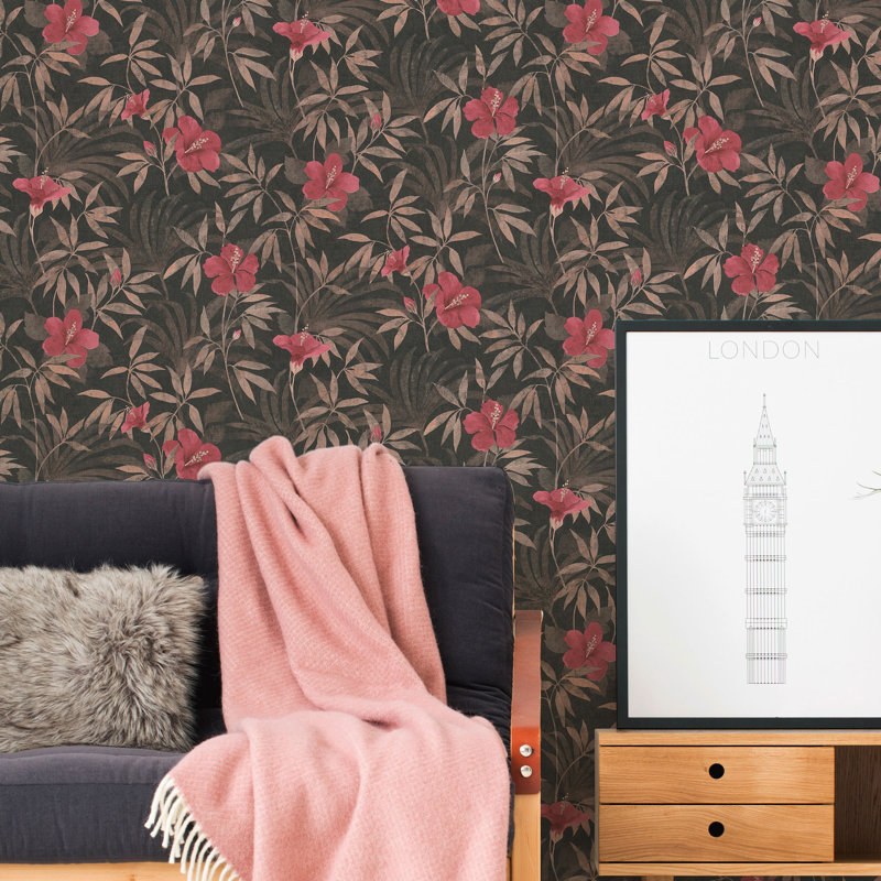 Floral 10.05m x 53cm Textured Matte Wallpaper Roll, Brown/Red