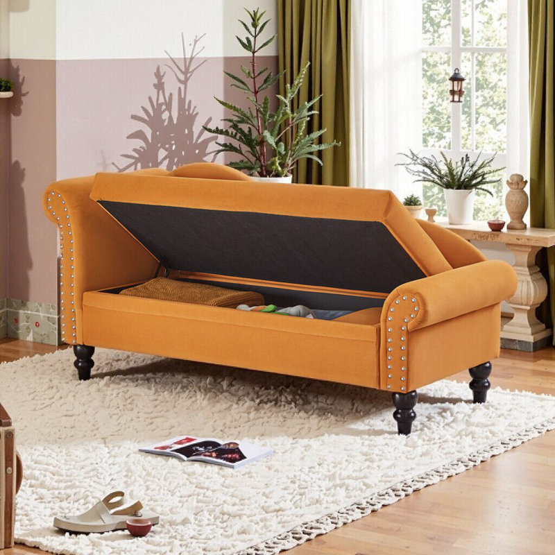 Chaise longue en velours avec rangement UNABO, chaise longue ergonomique avec accoudoir gauche et coussin lombaire