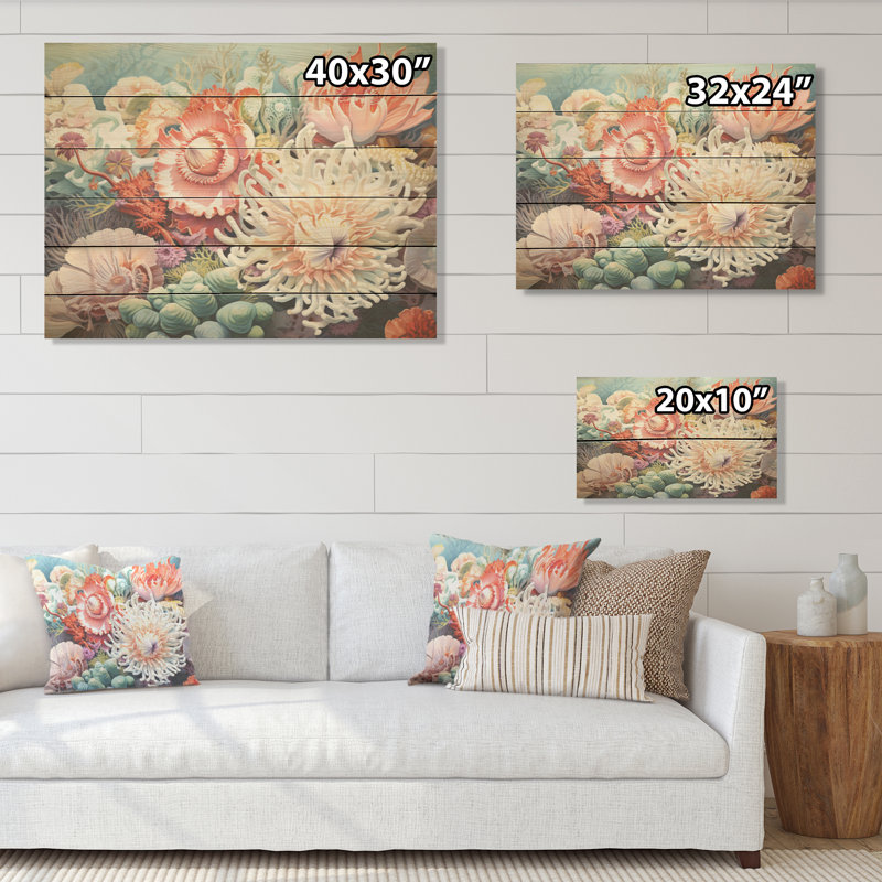 Anémone marine, chef-d'œuvre marine, corail sous l'eau, art mural sur bois de pin naturel, H 30 po x l 40 po