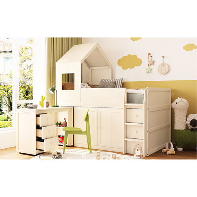 Lit mezzanine simple beige avec fenêtre, bureau roulant et tiroirs de rangement multiples, lit en bois, couleur, maison, pour chambres