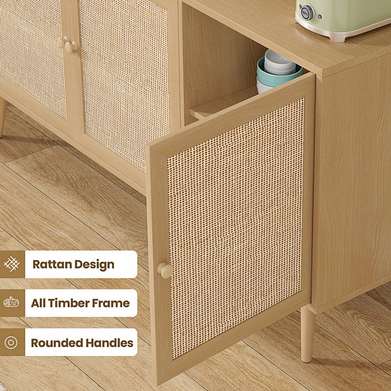 Sideboard Buffet Cabinet With 3 Rattan Doors, Modern Kitchen Storage Console Cabinet, Accent Cabinet, Natural