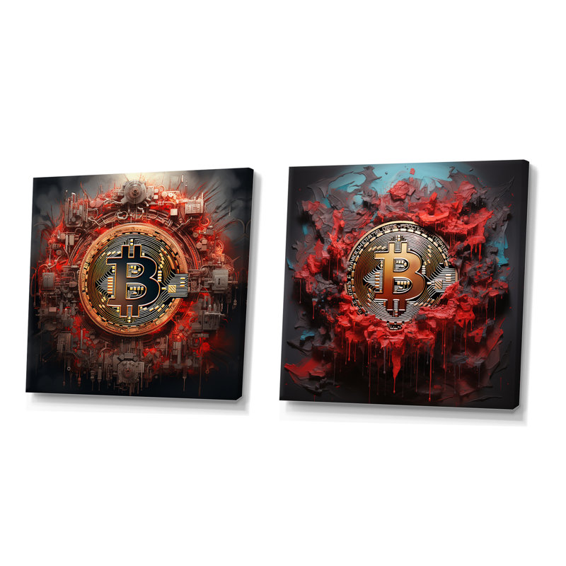 Red Bitcoin Crypto monnaie I - mode décoration murale de 2 pièces, Toile tendue, H 16 po x l 33 po x P 1 po
