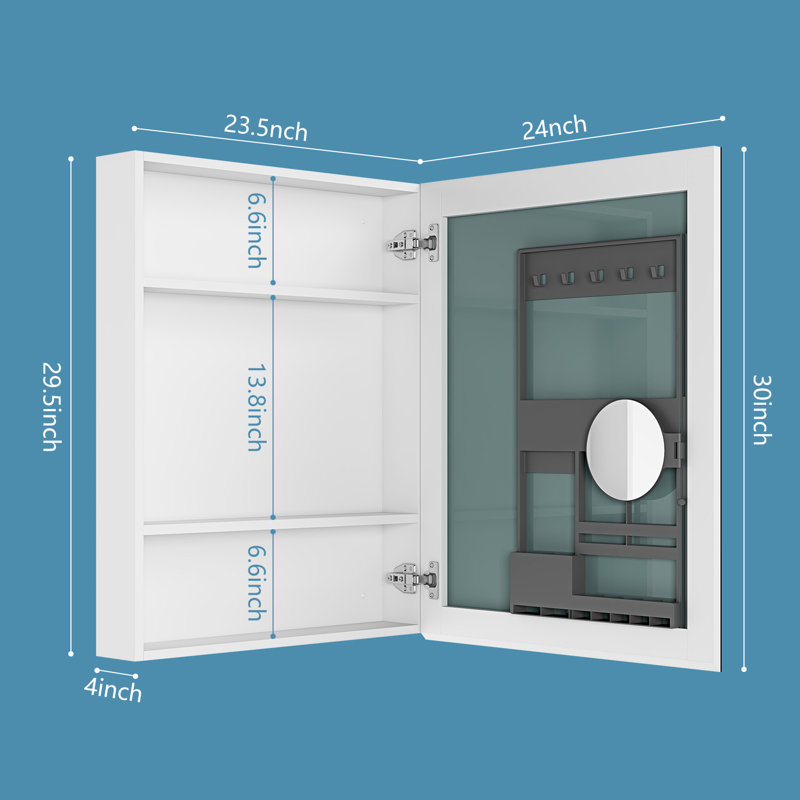 Armoire à pharmacie sans cadre avec miroir et 3 tablettes fixes Cadain W H, H 30 po x l 24 po x P 4 po