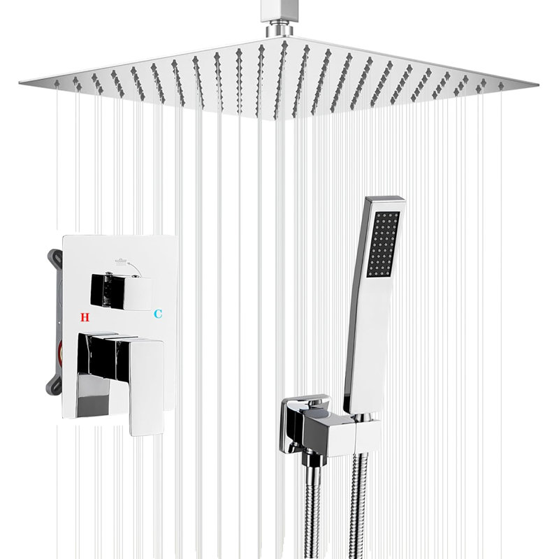 Système de robinet de douche de plafond avec pomme de douche à pluie de 12 pouces et douchette, Chrome poli