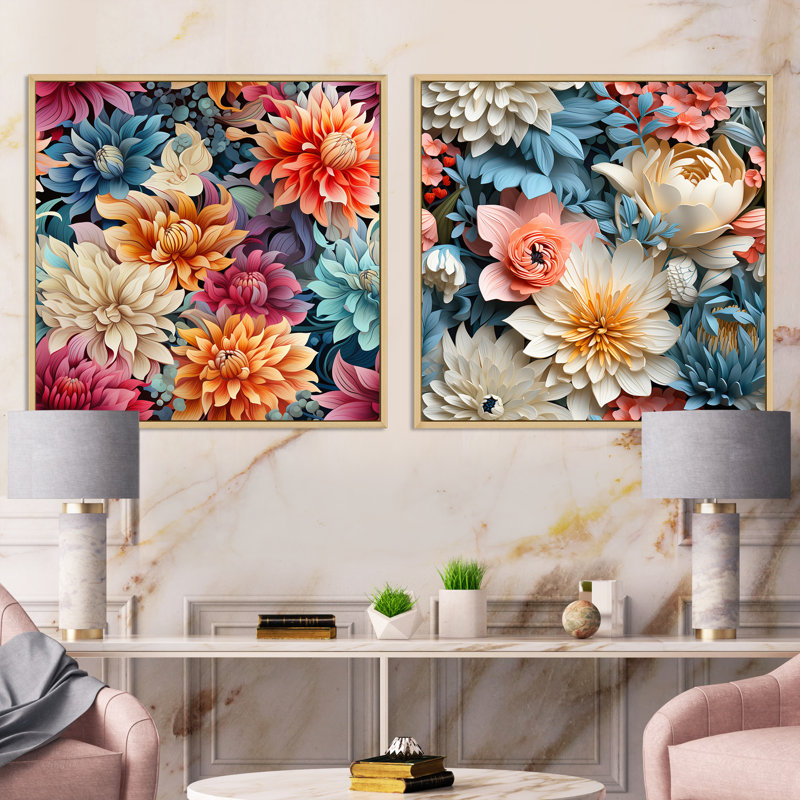 Parris - Ensemble de 2 collages carrés floraux, Cadre flottant brun, H 30 po x l 61 po