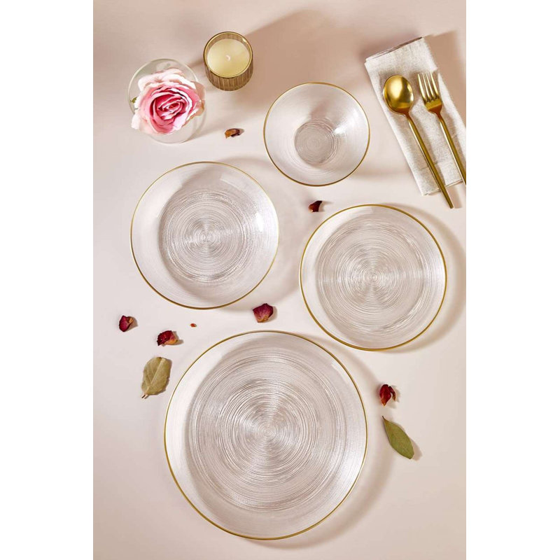 Service de table élégant 24 pièces, 100% verre | Comprend 6 assiettes de service (11,0 po), 6 assiettes à dessert (8,3 po), 6 assiettes à dîner (8,3 po), 6 bols (5,9 po) | Parfait pour les occasions spéciales, ne va pas au lave-vaisselle ni au micro-ondes