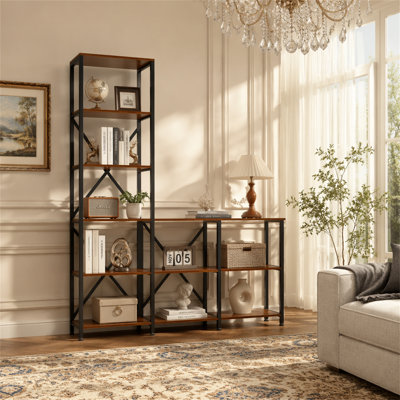 9-Shelf Bookshelf, Industrial Ladder Corner Etagere Bookcase