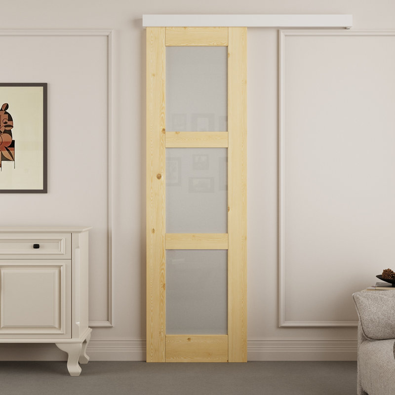 Porte de grange en verre givré massif 3-Lite avec trousse de quincaillerie d'installation pour rail caché, 24 po x 80 po