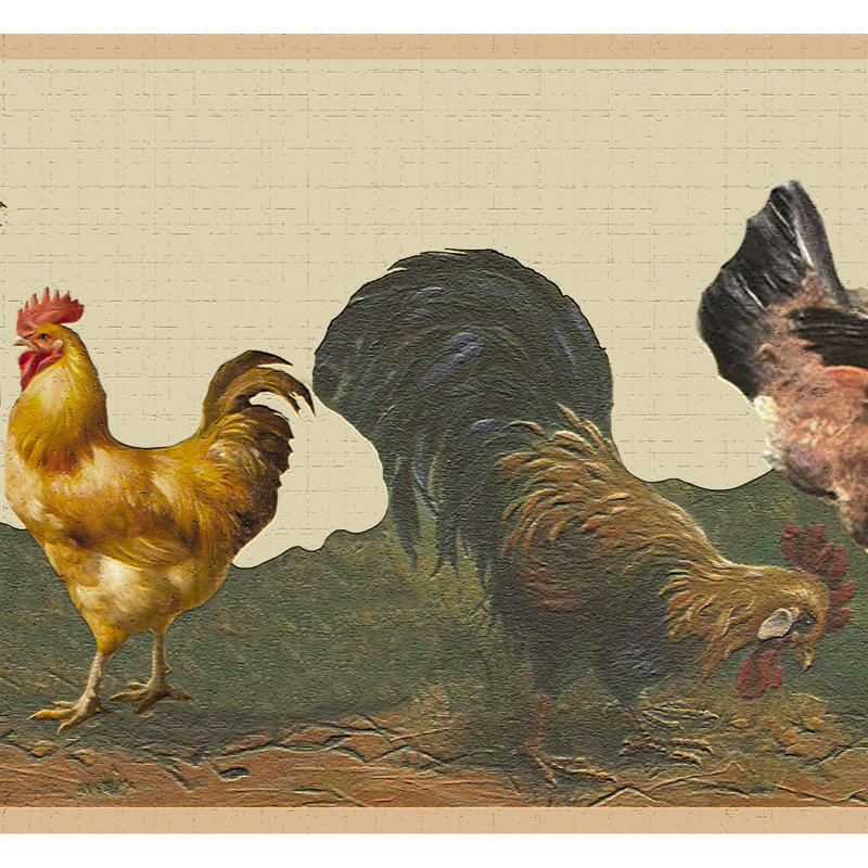 Bordure de papier peint pelez et collez - coq brun, jaune, coq beige, bordure rétro de poule, 15 pi X 7 po, auto-adhésif