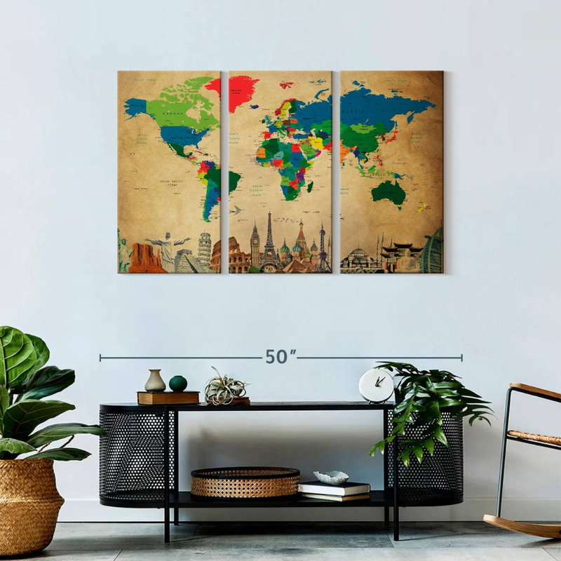 Carte du monde sur toile de la société 3 pièces, H 28 po x l 45 po x P 1,25 po