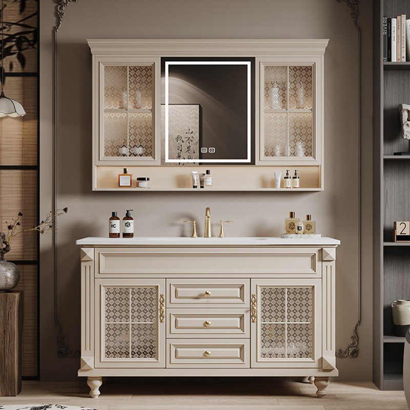 Armoire de salle de bain rétro française, H 33,5 po x l 51,2 po x P 21,7 po, Beige