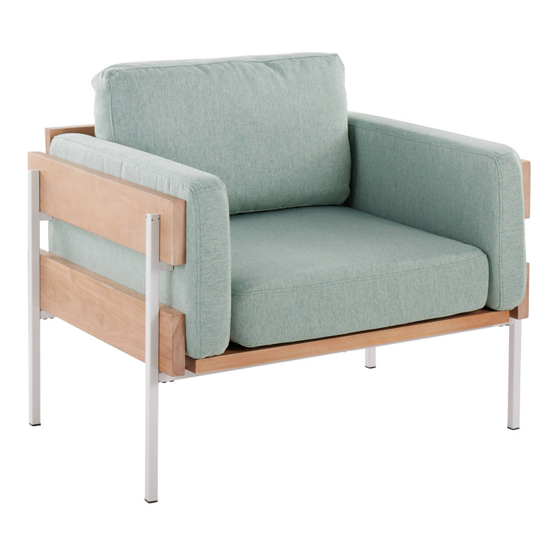 Chaise d'appoint en métal, bois naturel et tissu, Vert, Brun / Blanc
