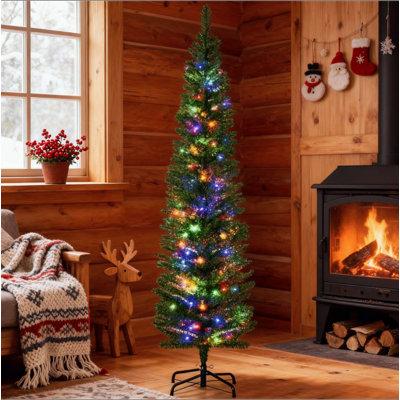 Skinny Shape Artificial Pencil Christmas Trees Holiday Decoration with Colorful LED Lights, Steel Base