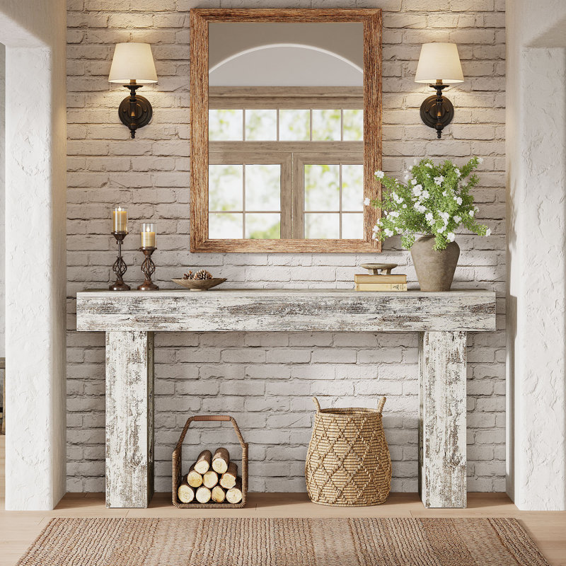 Console 63 po, canapé rectangulaire en bois naturel, console décorative rectangulaire pour entrée, couloir et salon (blanc vieilli)