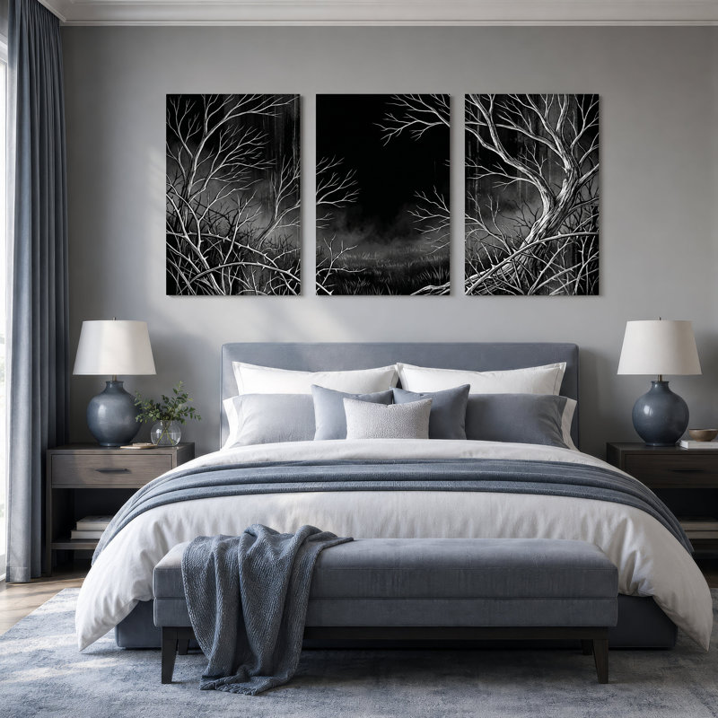 «Bare Trees and Thorns in Misty Forest», art mural sur toile, H 24 po x l 16 po x 3 pièces
