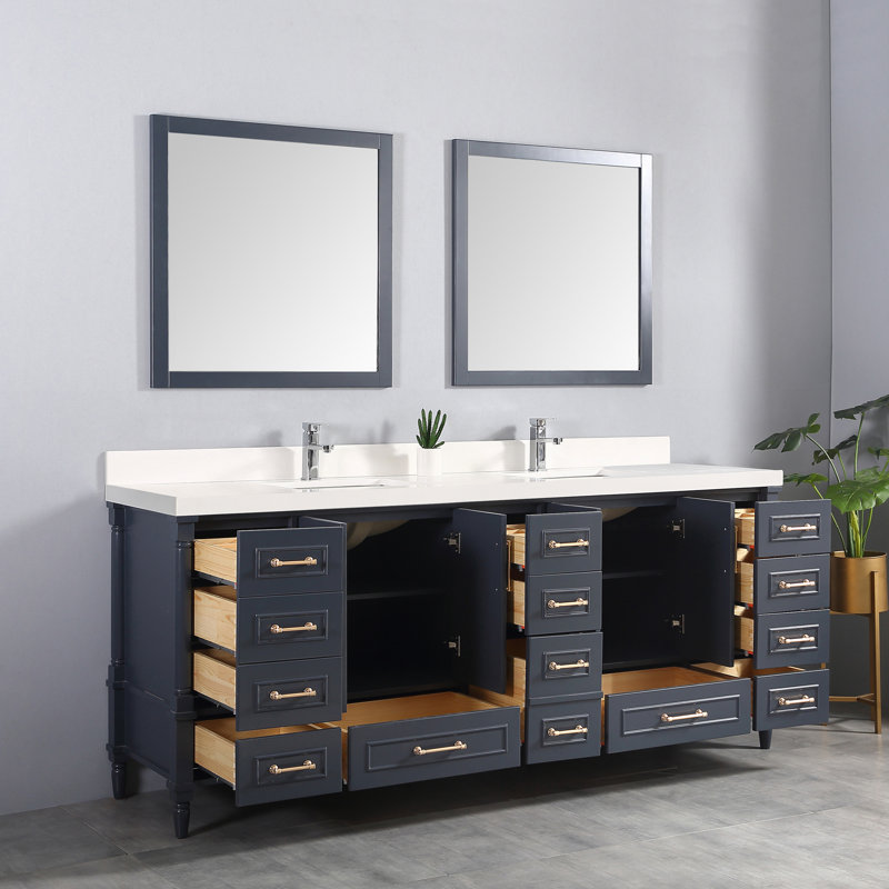 Ensemble de meuble-lavabo double 84 po Flavell, Blanc, bordure droite, Bleu marine hâlé