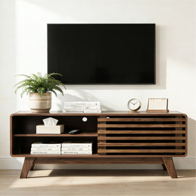 Meuble télé Mid-Century moderne avec porte coulissante à lattes et grand rangement pour le salon, parfait pour le divertissement organisé