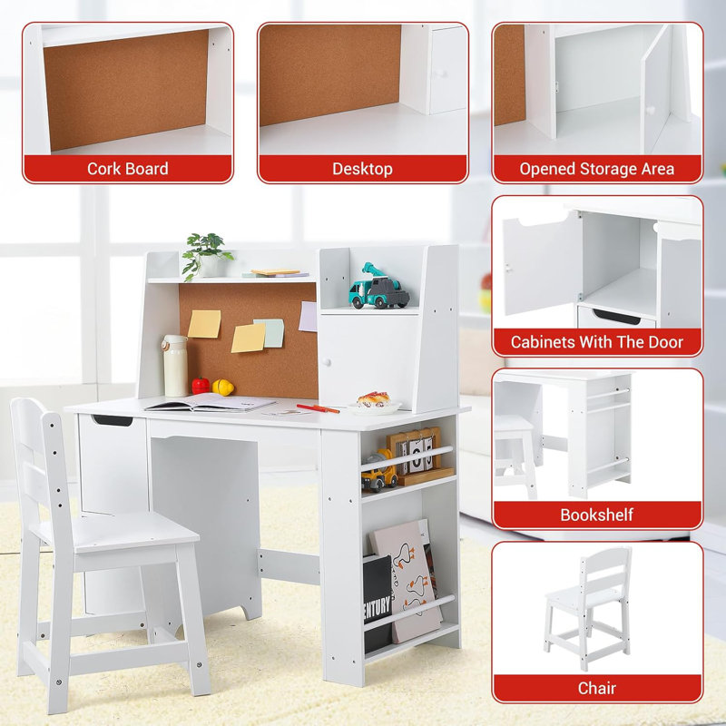 Kids Desk and Chair Set with Storage and Bulletin Board â€“ Wooden Study Table